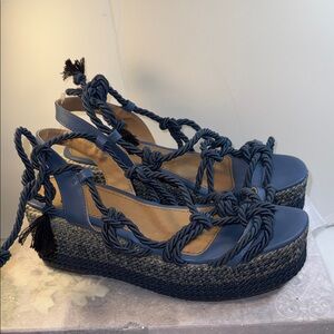 Knotted Rope Platform Sandals - Navy
